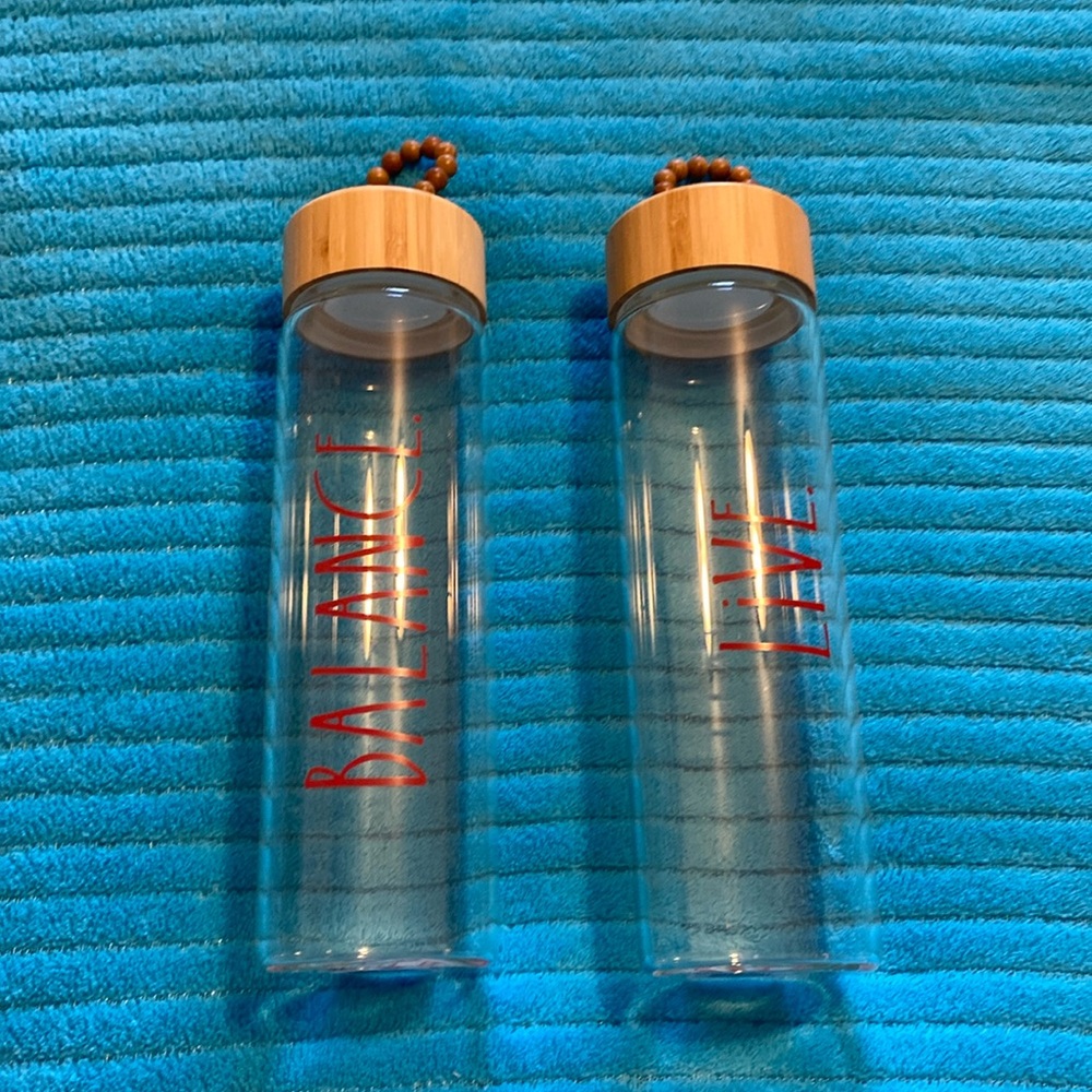 2x RAE DUNN glass water bottles Live & Balance with bamboo bead lids brand new